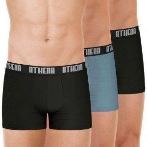 ATHENA Lot de 3 Boxers Homme Coton BASIC COLOR Noir Gris Noir
