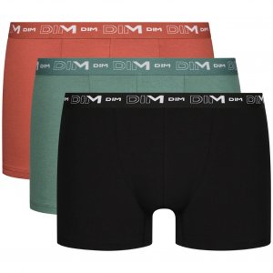 DIM Lot de 3 Boxers Homme Coton STRETCH Noir Vert amande Terre cuite