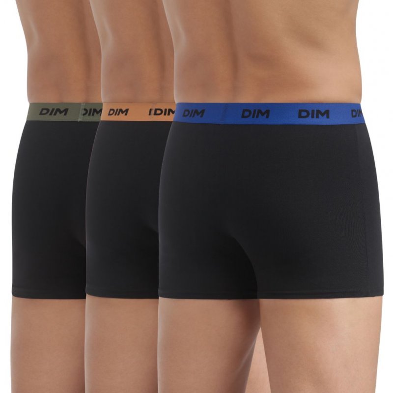 DIM Lot de 3 Boxers Homme Coton MIX AND COLORS Noir ceinture Bleu indigo Noisette Vert tennis