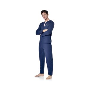 Pyjama Bleu homme coupe Regular Col boutonné Uni - Serge Blanco Ensemble pyjama long homme t-shirt col tunisien Vintage