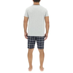Ensemble Pyjama court homme en coton à carreaux et Logo poitrine