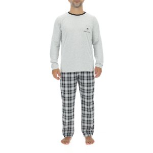 Ensemble Pyjama long homme en popeline à carreaux et Logo poitrine