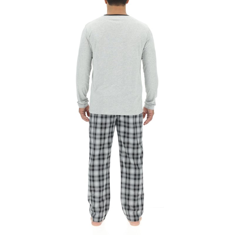 Ensemble Pyjama long homme en popeline à carreaux et Logo poitrine