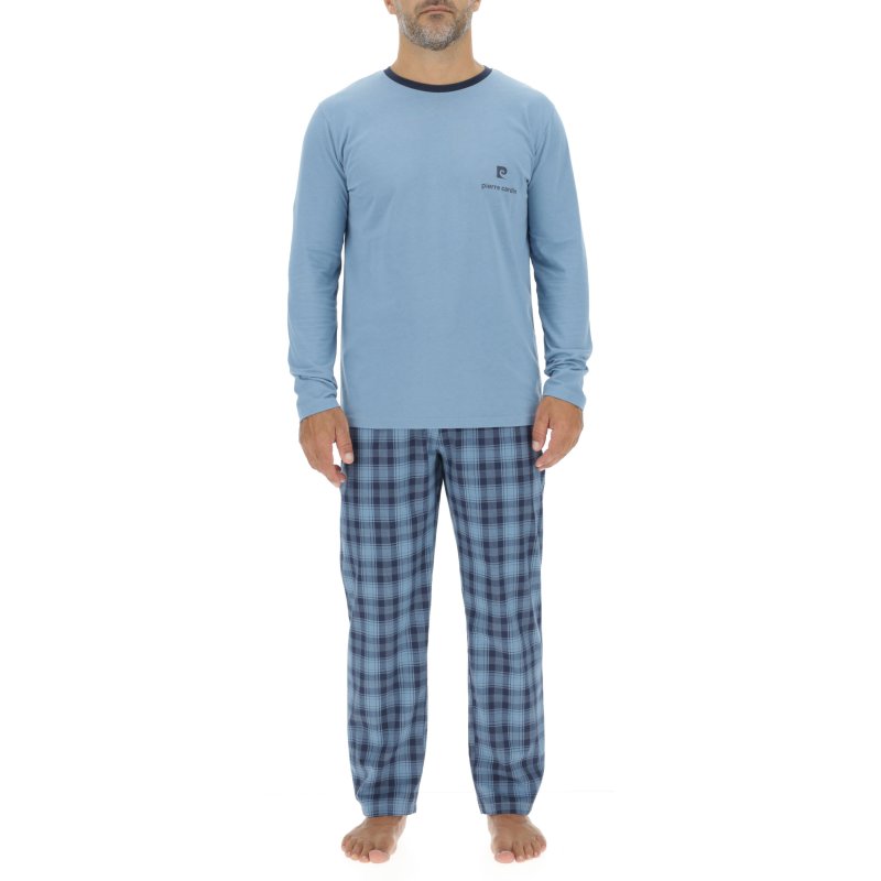 Ensemble Pyjama long homme en popeline à carreaux et Logo poitrine