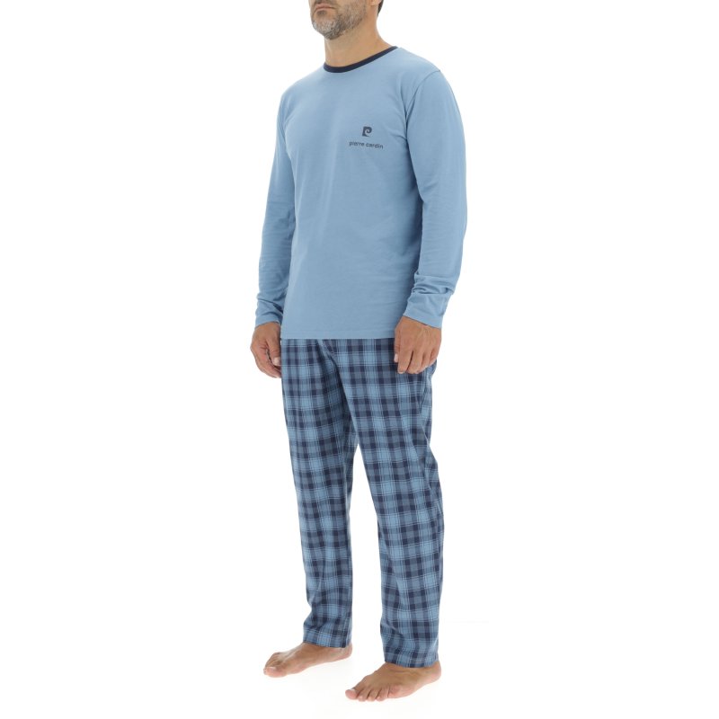 Ensemble Pyjama long homme en popeline à carreaux et Logo poitrine