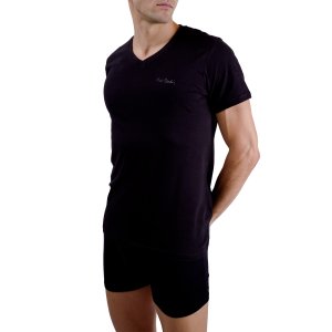 Tee Shirt Noir homme coupe Régular Col V SIGNATURE Uni - Pierre Cardin Lot de 2 t-shirts homme en col v avec print sur la poitrine