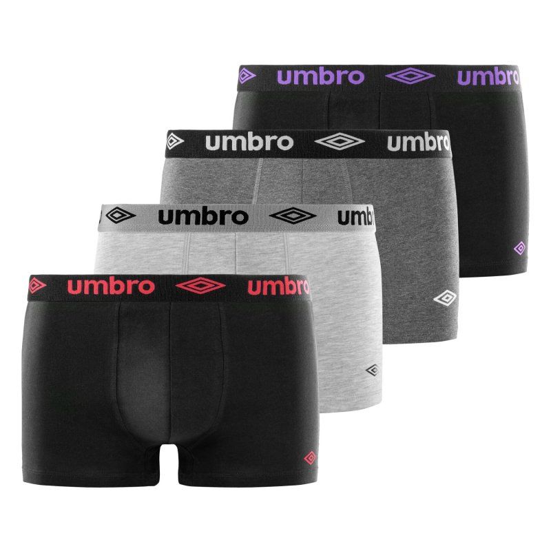 Lot de 4 Boxers homme Coton Noir/Gris/Gris foncé Uni - Umbro