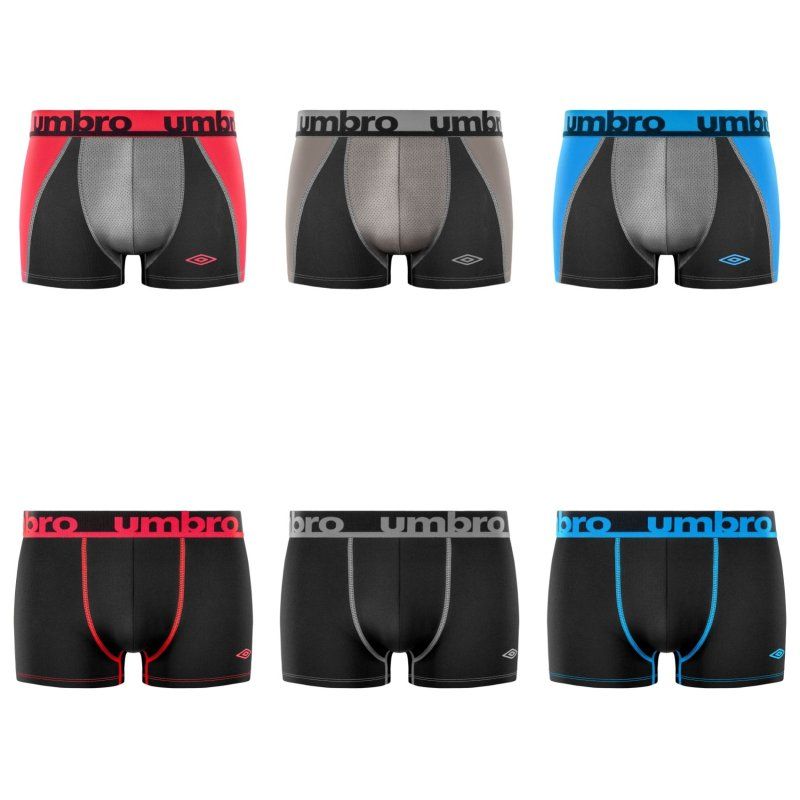 Lot de 6 Boxers homme Polyester Noir/Gris/Bleu/Rouge Uni - Umbro