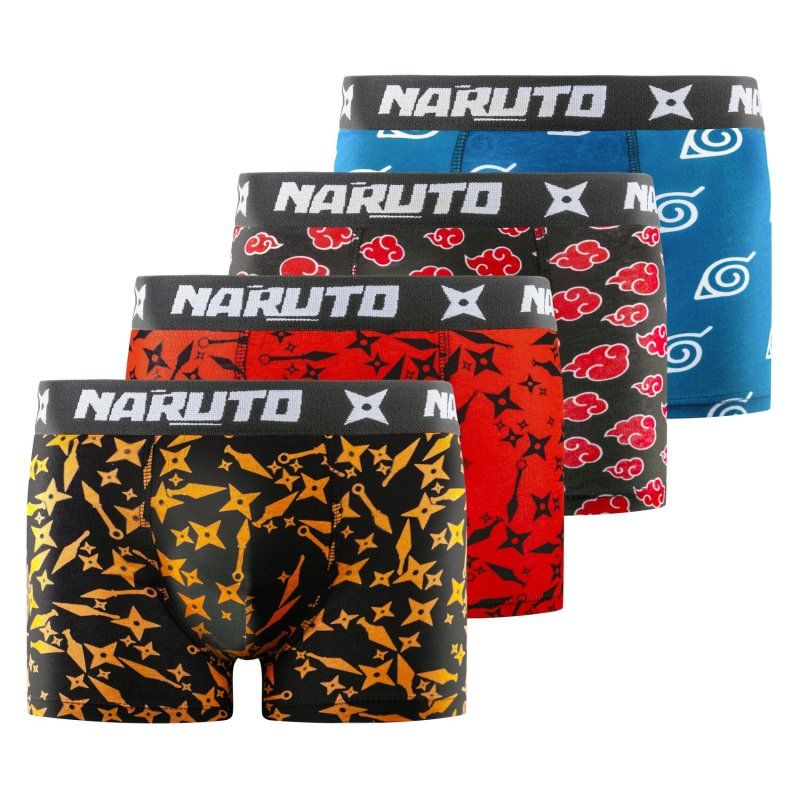 Lot de 4 Boxers Enfant Coton Confort, Respirant, Stretch Akatsuki Imprimé Noir/Rouge/Bleu/Blanc/Beige Imprimé - Naruto Shippuden