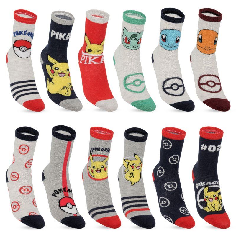 Lot de 12 Paires de Chaussettes garcon Courtes Fantaisie Rouge/Jaune/Gris/Bleu/Blanc Imprimé - Pokemon