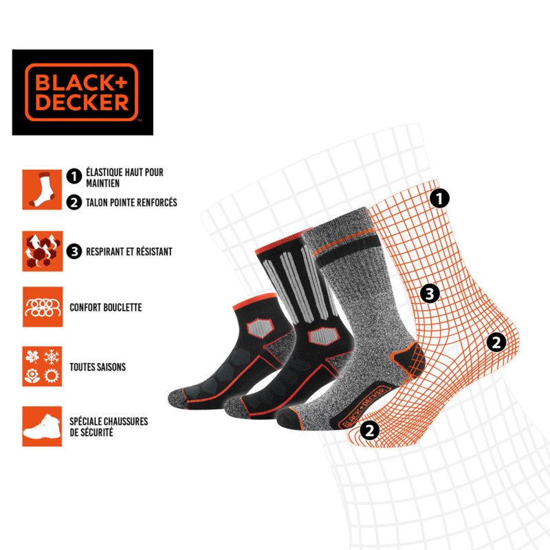 Lot de 12 Paires de Chaussettes homme Tennis Travail Noir/Orange Uni - Black & Decker