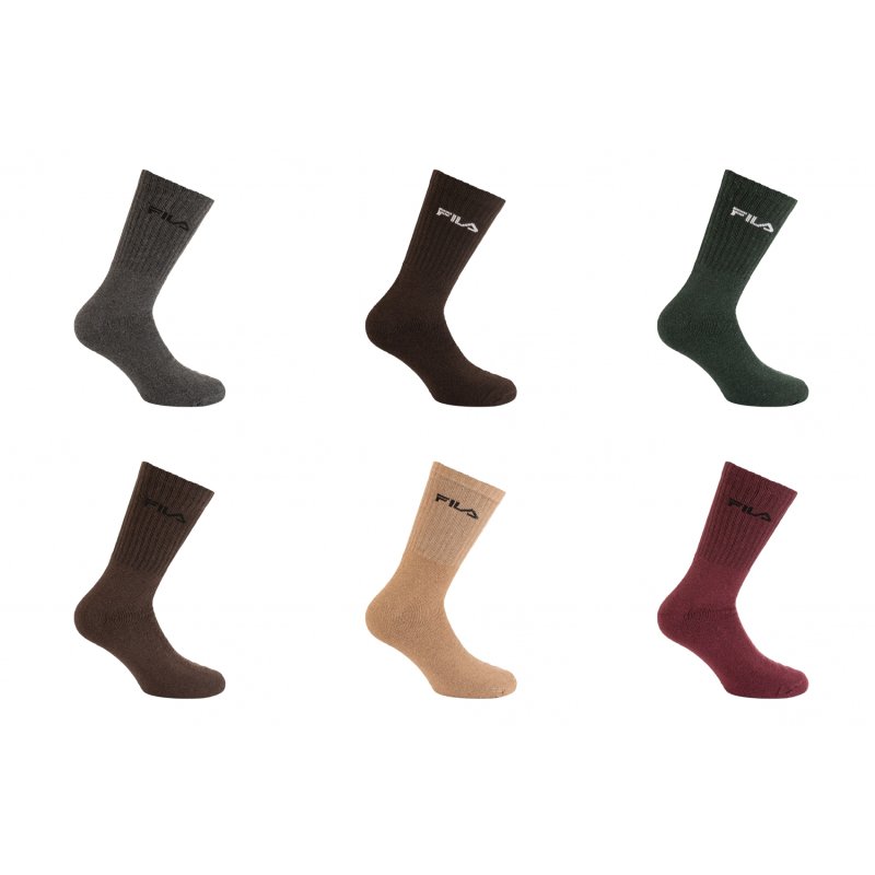 Lot de 6 Paires de Chaussettes homme Tennis Sportif Gris/Marron/Bordeau/Vert/Beige Uni - Fila
