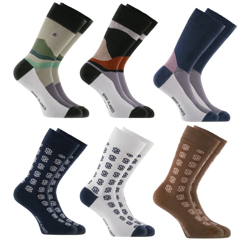 Lot de 6 Paires de Chaussettes homme Ville Fantaisie, Mode Marron/Blanc/Noir/Bleu Marine Imprimé - Serge Blanco
