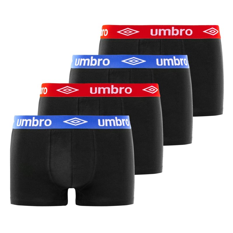 Lot de 4 Boxers homme Coton Noir/Rouge/Bleu Uni - Umbro