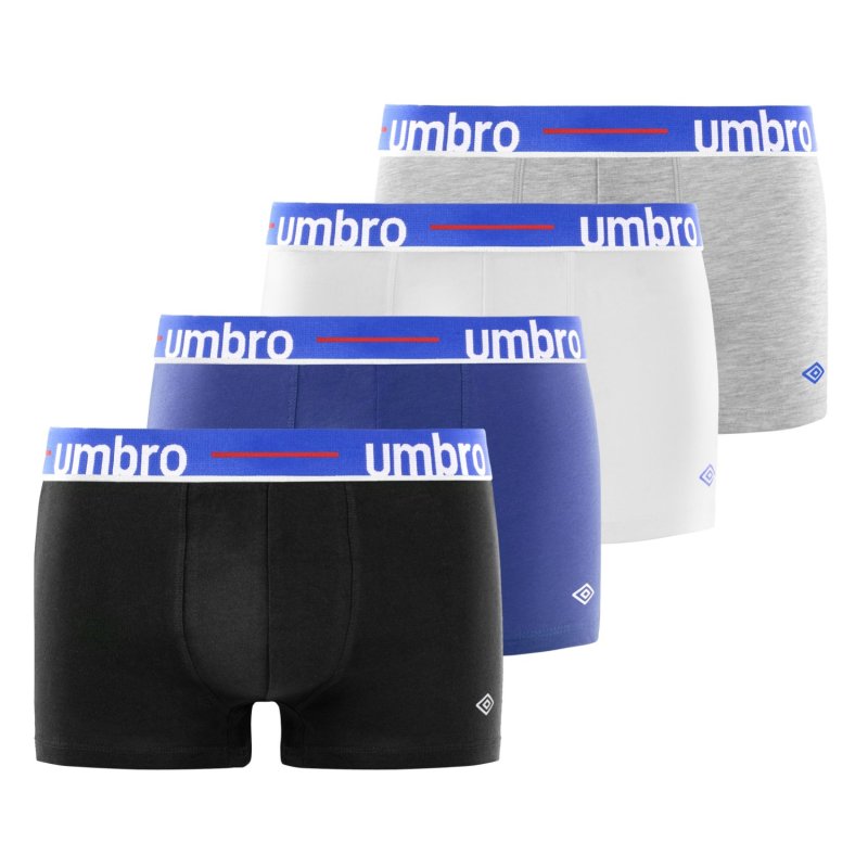 Lot de 4 Boxers homme Coton Noir/Bleu indigo/Blanc/Gris Uni - Umbro
