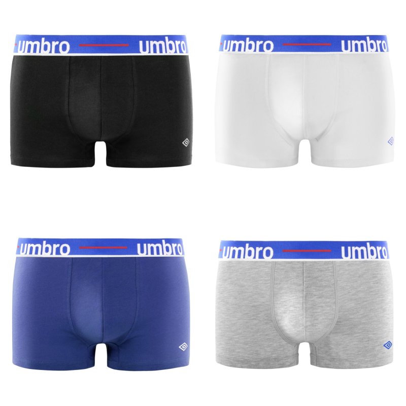 Lot de 4 Boxers homme Coton Noir/Bleu indigo/Blanc/Gris Uni - Umbro