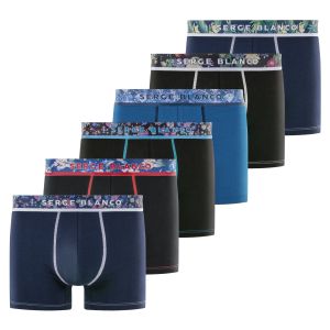 Lot de 6 Boxers homme Coton Bleu/Gris/Noir Uni - Serge Blanco