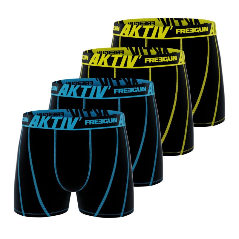 Lot de 4 Boxers homme Coton Noir/Jaune/Bleu Uni - Freegun