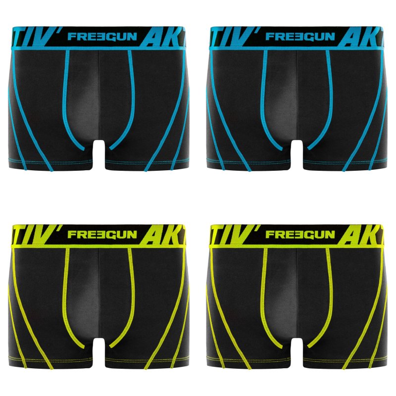 Lot de 4 Boxers homme Coton Noir/Jaune/Bleu Uni - Freegun