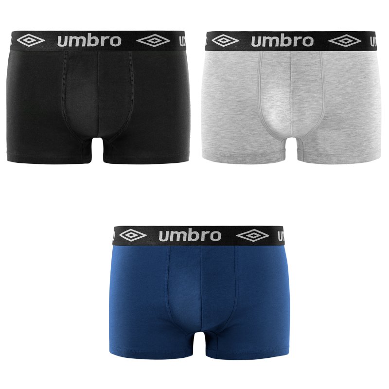 Lot de 3 Boxers homme Coton Noir/Gris/Bleu Marine Uni - Umbro