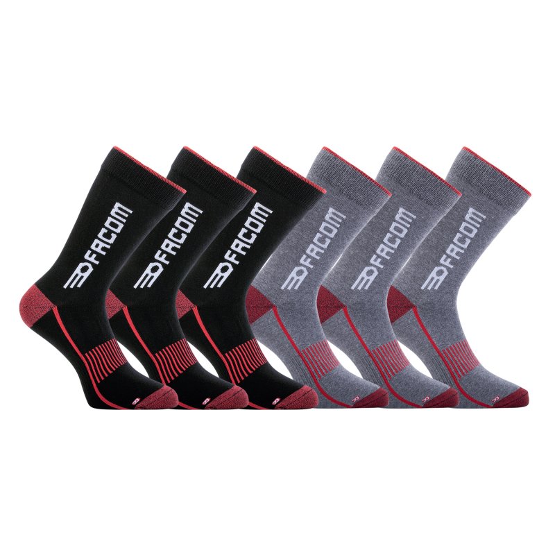 Lot de 6 Paires de Chaussettes homme Tennis Travail Noir/Gris/Rouge Uni - Facom