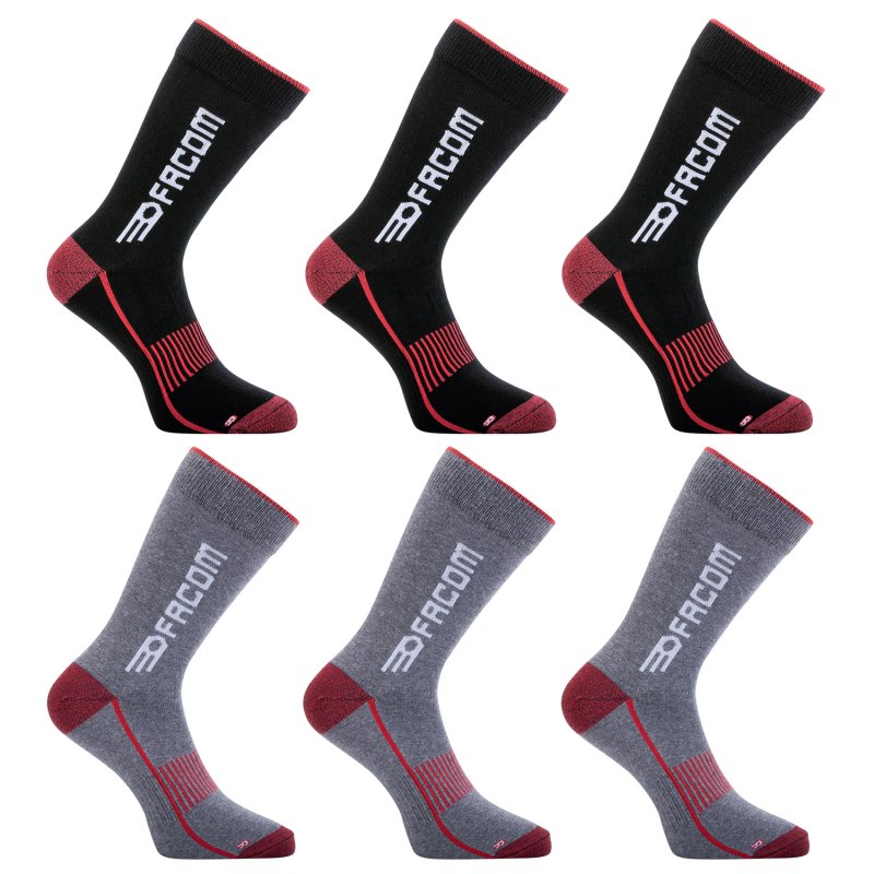 Lot de 6 Paires de Chaussettes homme Tennis Travail Noir/Gris/Rouge Uni - Facom