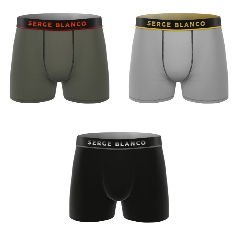 Lot de 3 Boxers homme Polyamide Kaki/Orange/Gris clair/Jaune/Noir/Blanc Uni - Serge Blanco