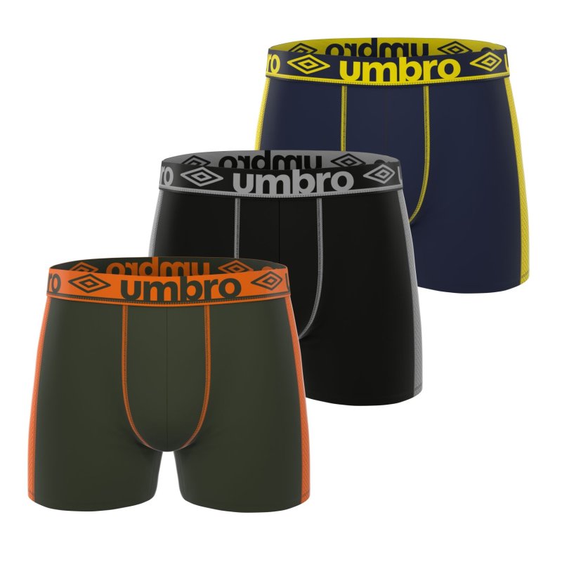 Lot de 3 Boxers homme Polyamide Kaki/Orange/Noir/Beu foncé/Jaune/Gris Uni - Umbro