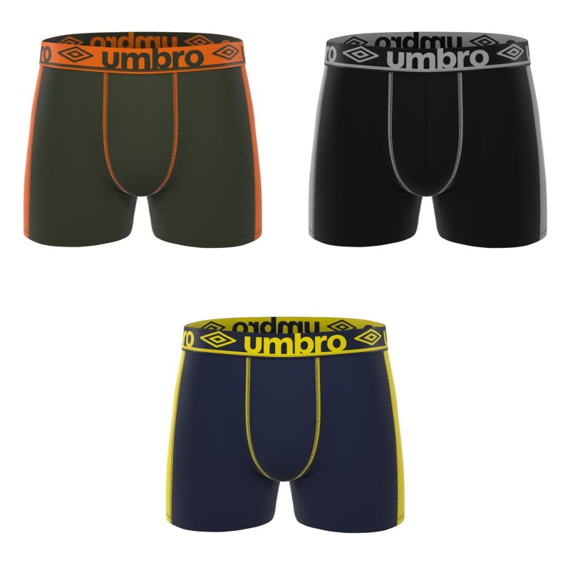 Lot de 3 Boxers homme Polyamide Kaki/Orange/Noir/Beu foncé/Jaune/Gris Uni - Umbro